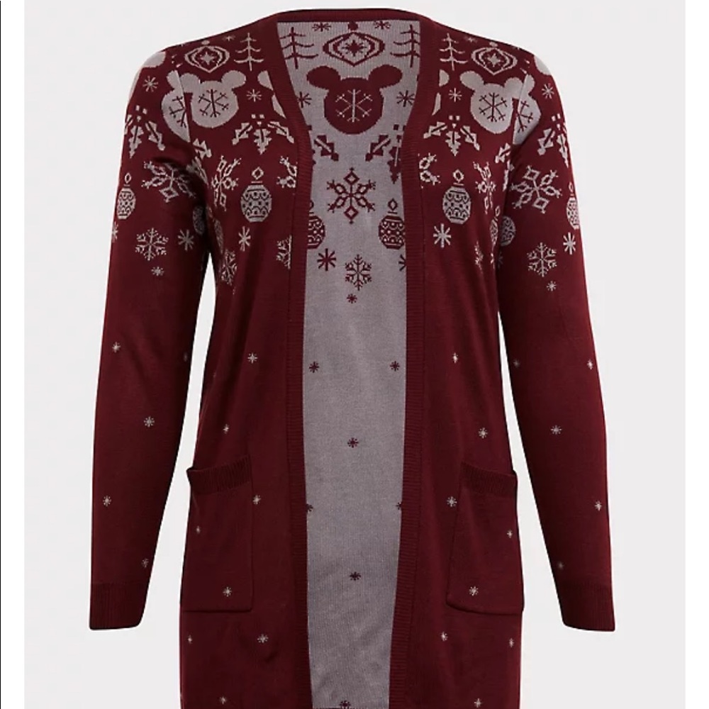 DISNEY HOLIDAY MICKEY MOUSE FAIR ISLE BURGUNDY RED CARDIGAN